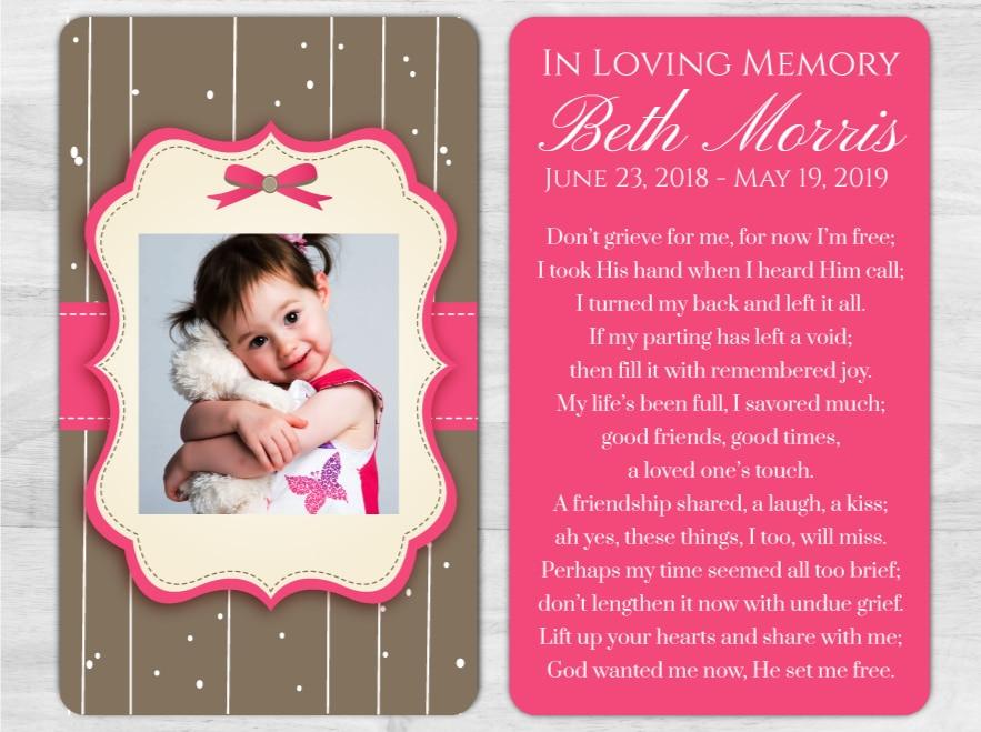 Child Bows Memorial Prayer Card