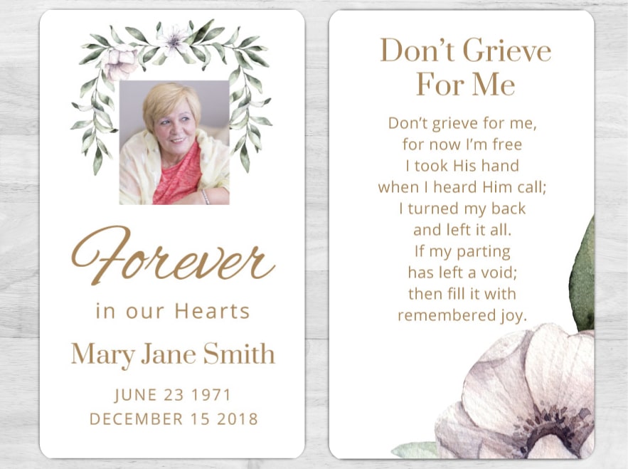 Laminated Memorial Cards Forever In Our Hearts