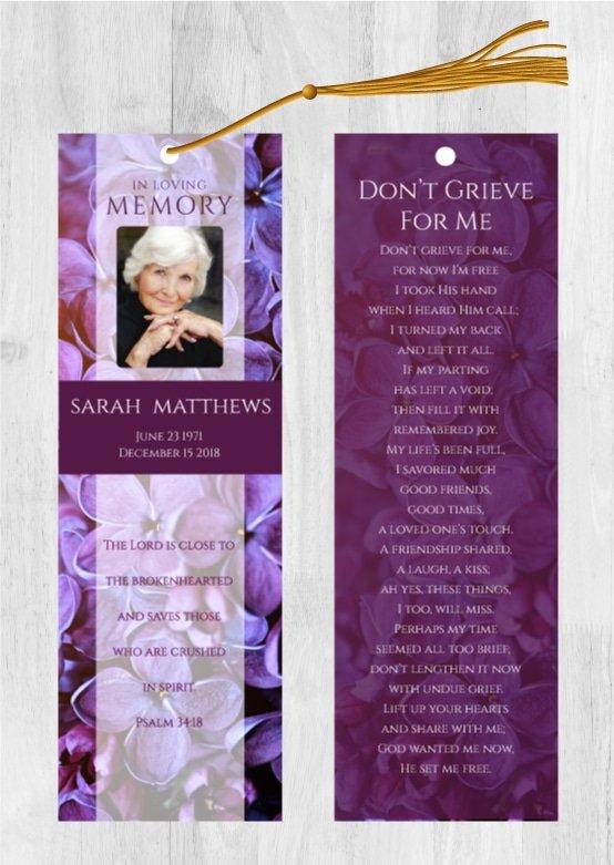 Funeral Bookmark Printing Purple Floral