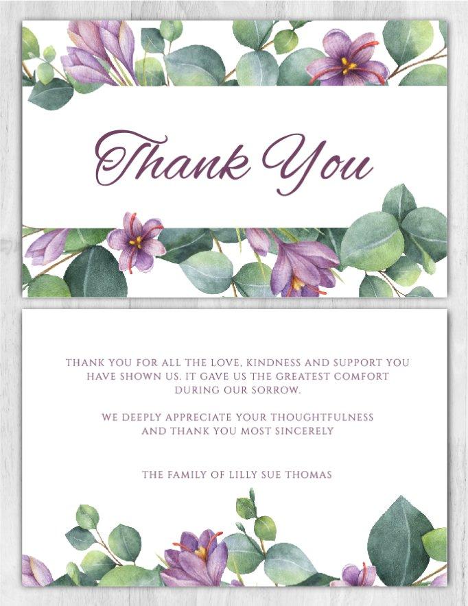 Memorial Thank You Cards Purple Flower Theme
