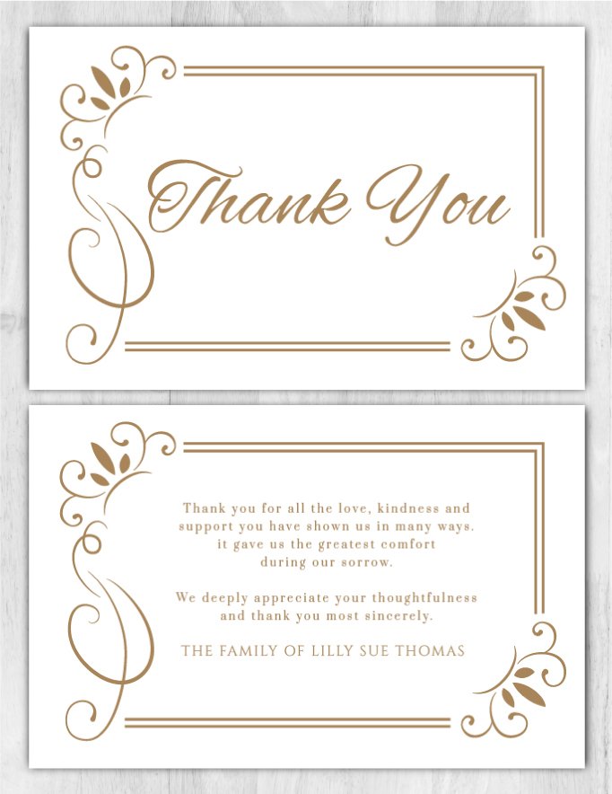 Memorial Thank You Cards Classic White & Gold Theme