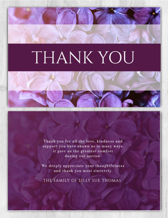 Memorial Thank You Cards Purple Flower Background Theme