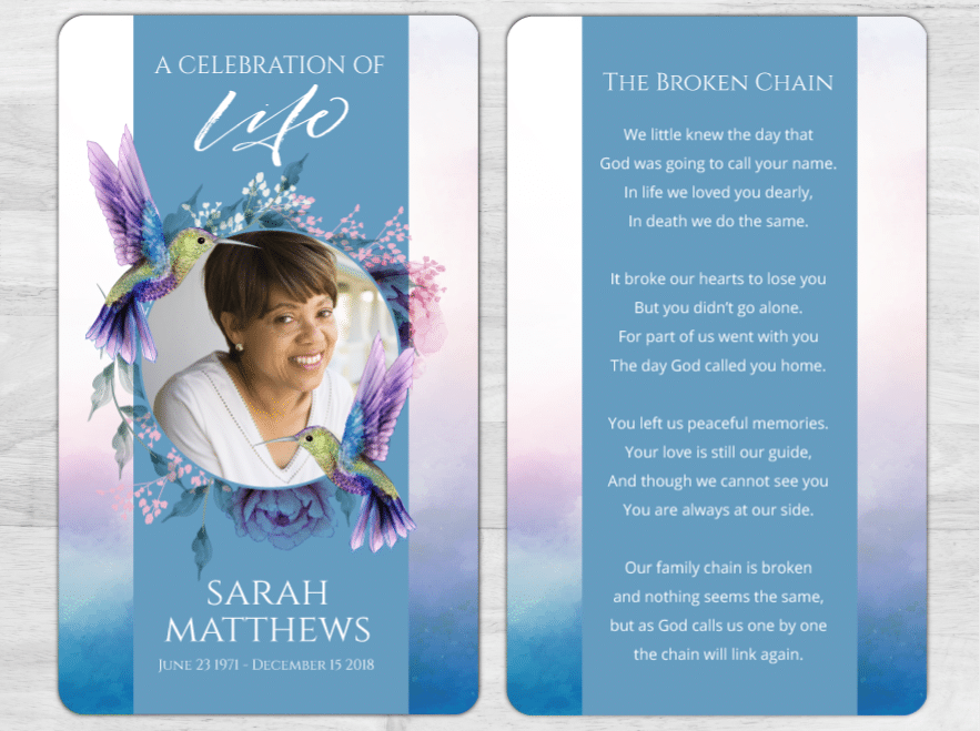A Celebration of Life Memorial Prayer Card