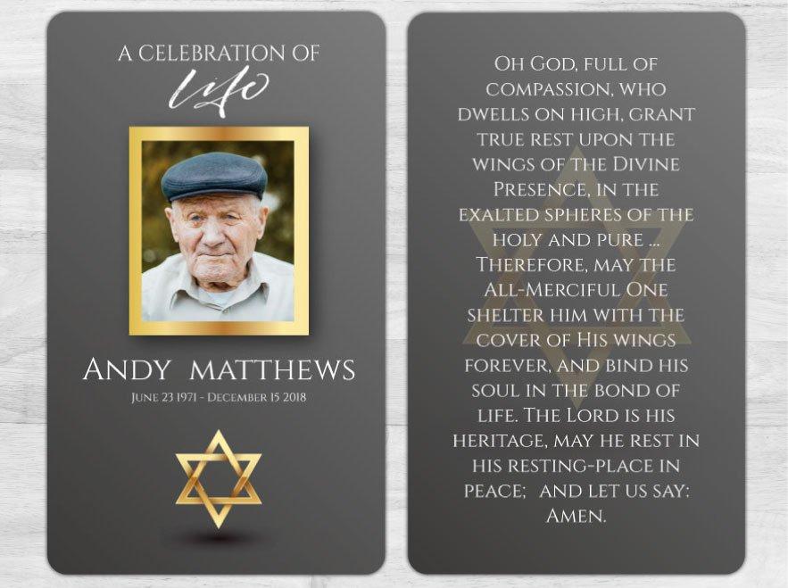Star of David Memorial Prayer Card