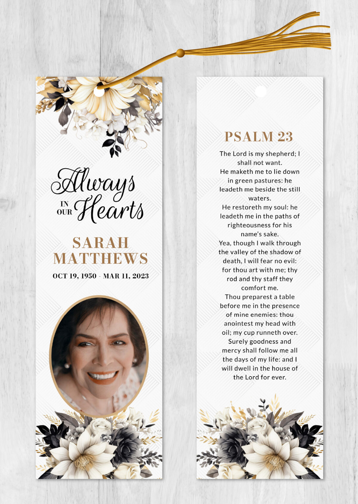 Black and Gold Floral Funeral Bookmark Printing
