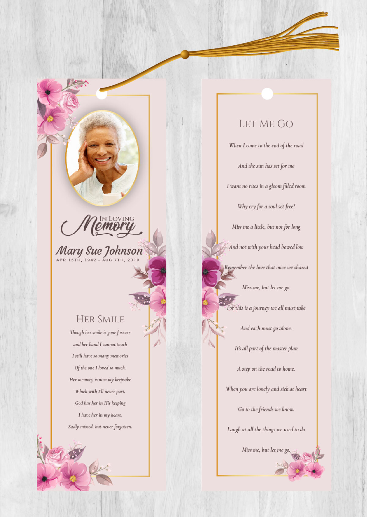 Pink Flowers Funeral Memorial Bookmark