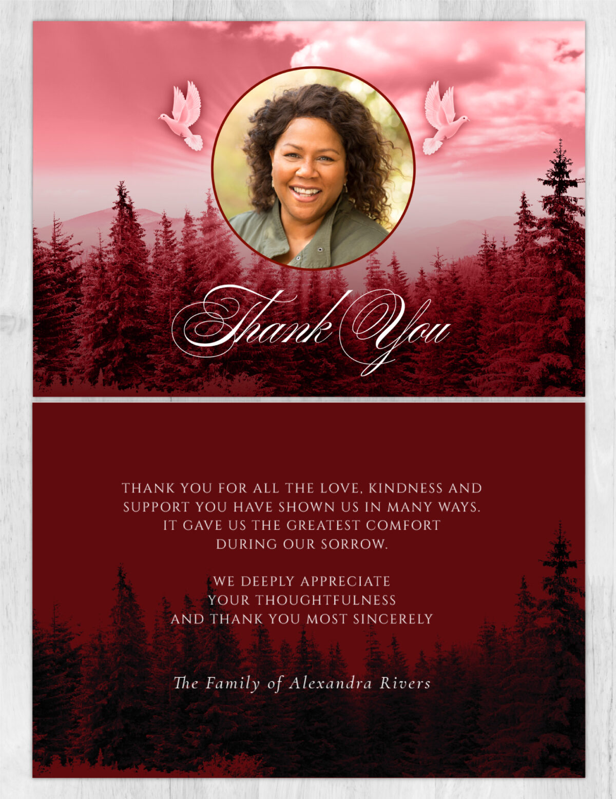 Red clouds trees doves Funeral Thank You Card