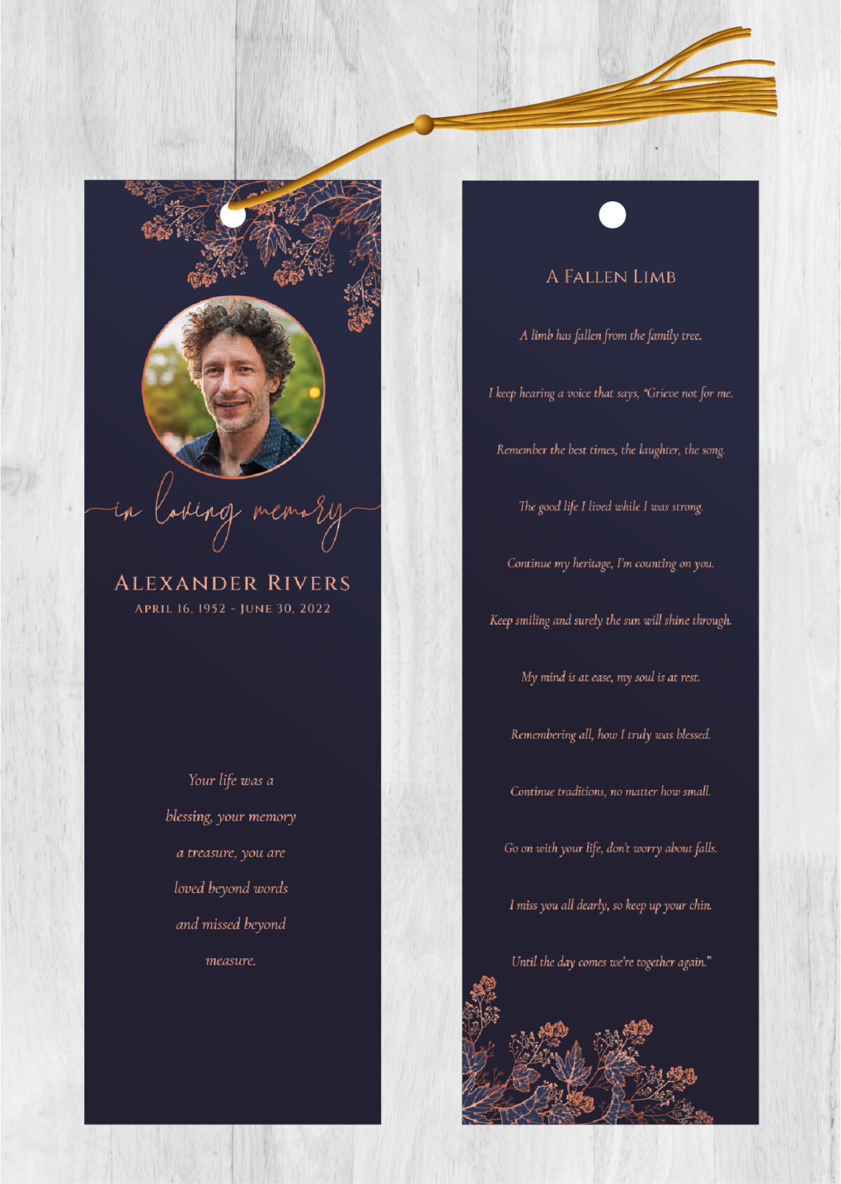 Gold Leaf Funeral Memorial Bookmark