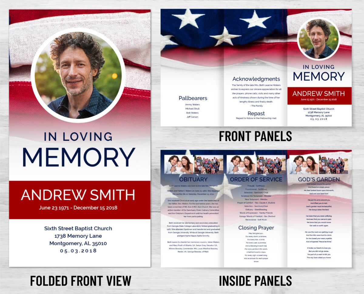 American Flag Military Trifold Funeral Program
