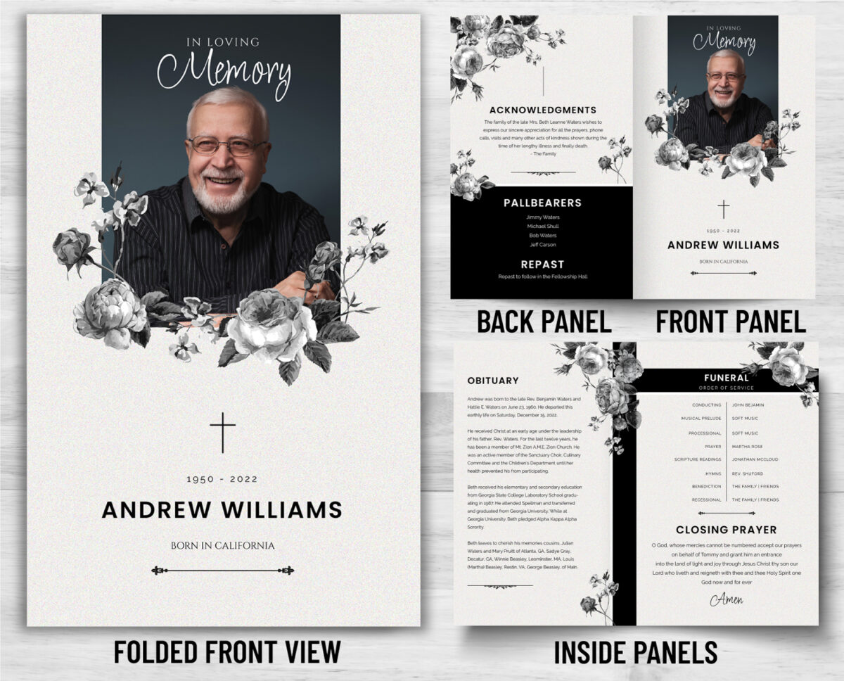 Black and White Roses Funeral Program
