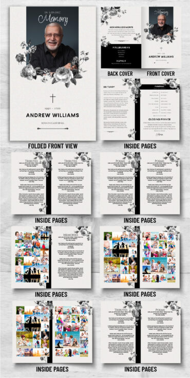 Black and White Roses Funeral Program