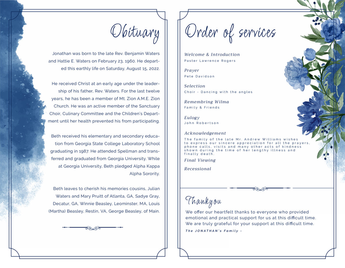 Blue Flowers Watercolor Funeral Program