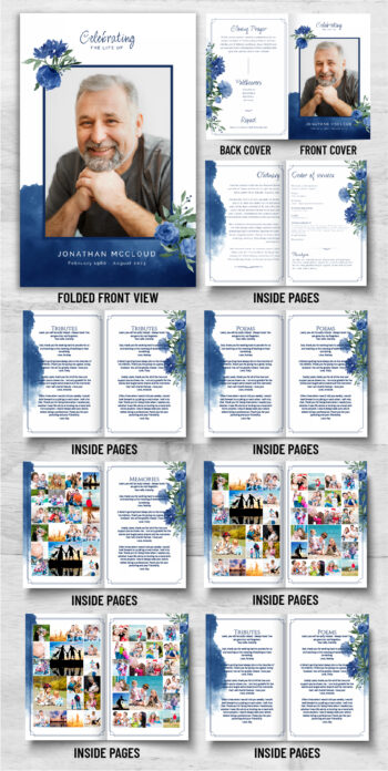 Blue Flowers Watercolor Funeral Program