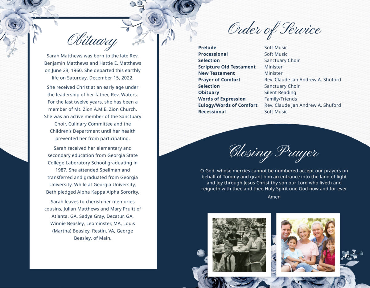 Blue Roses Funeral Memorial Program
