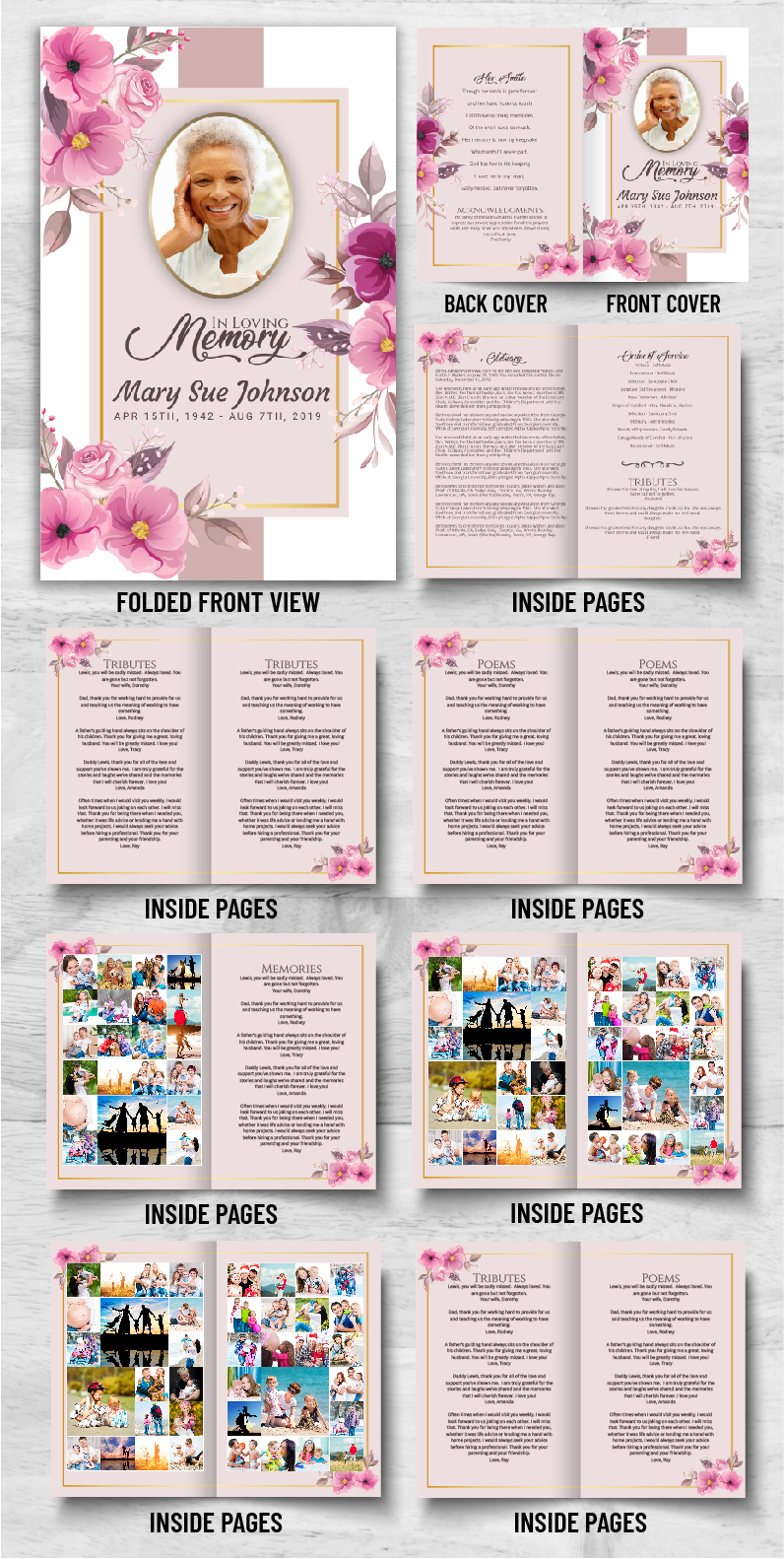 Pink Flowers Funeral Memorial Program