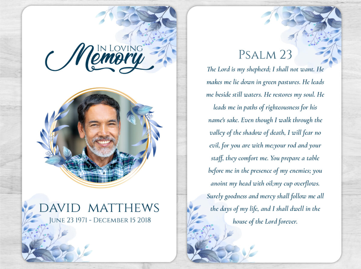 Blue Gold Leaf Memorial Prayer Card