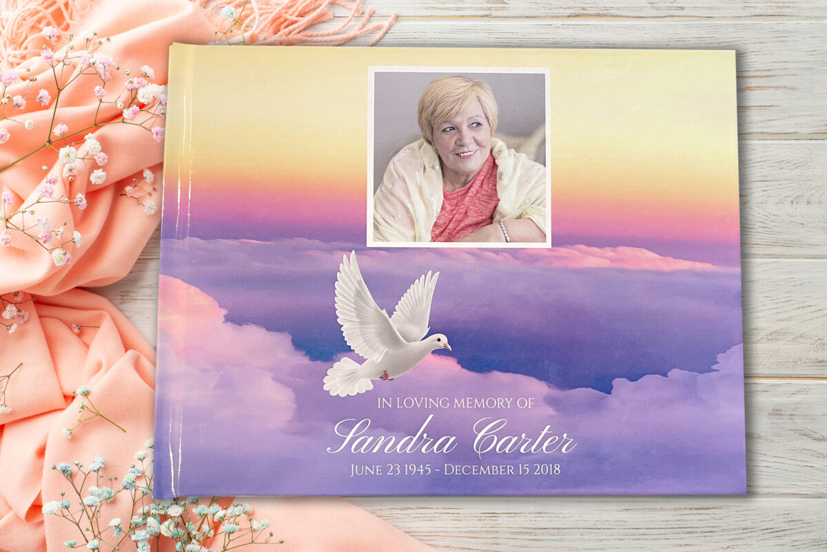 Custom Funeral Memorial Guest Book Dove Clouds Purple