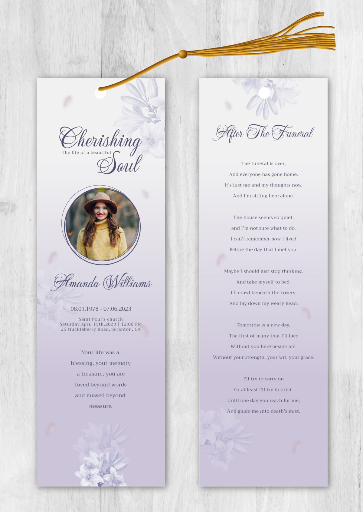 Floral Purple Memorial Bookmark