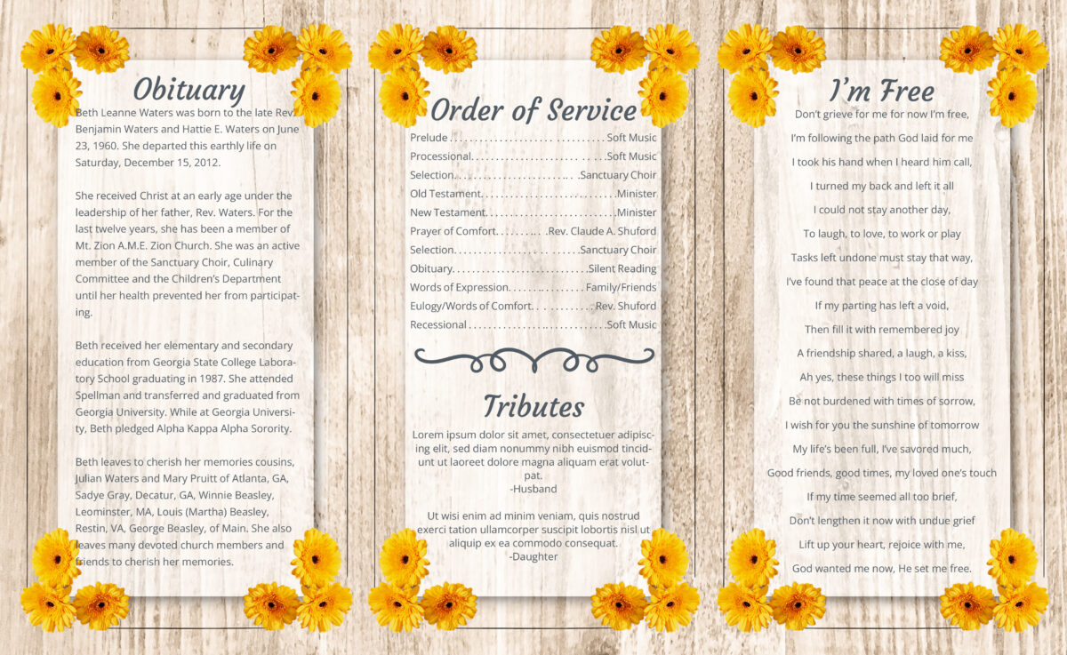 Yellow Flowers Funeral Program