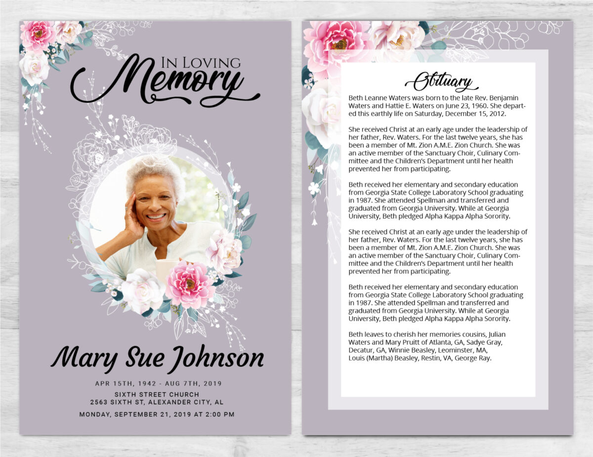 Purple Flowers Funeral Memorial Program