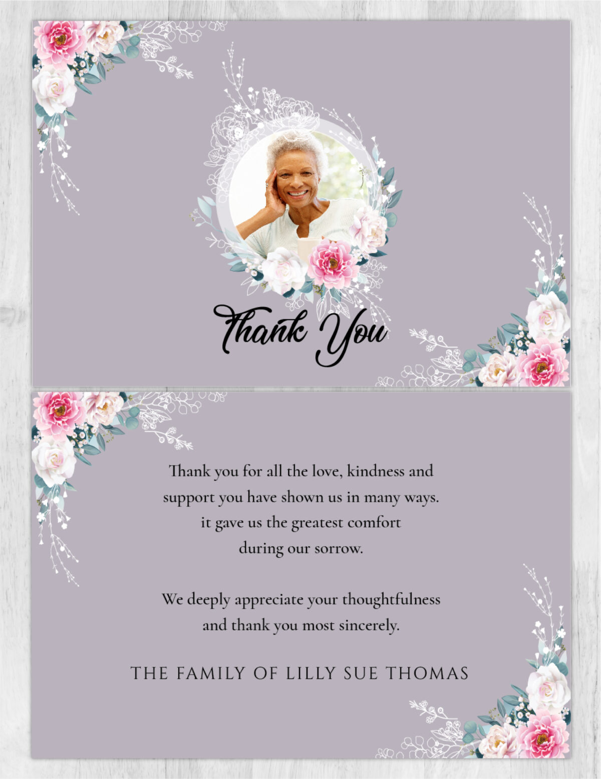 Purple Flowers Funeral Memorial Thank You Card