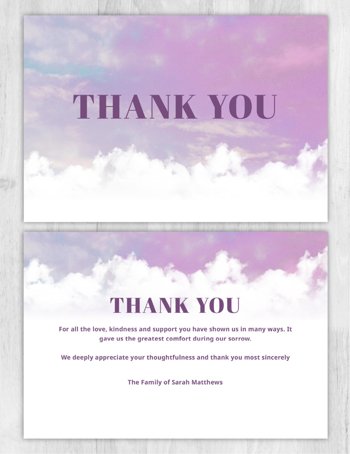 Purple Clouds Funeral Memorial Thank You Card