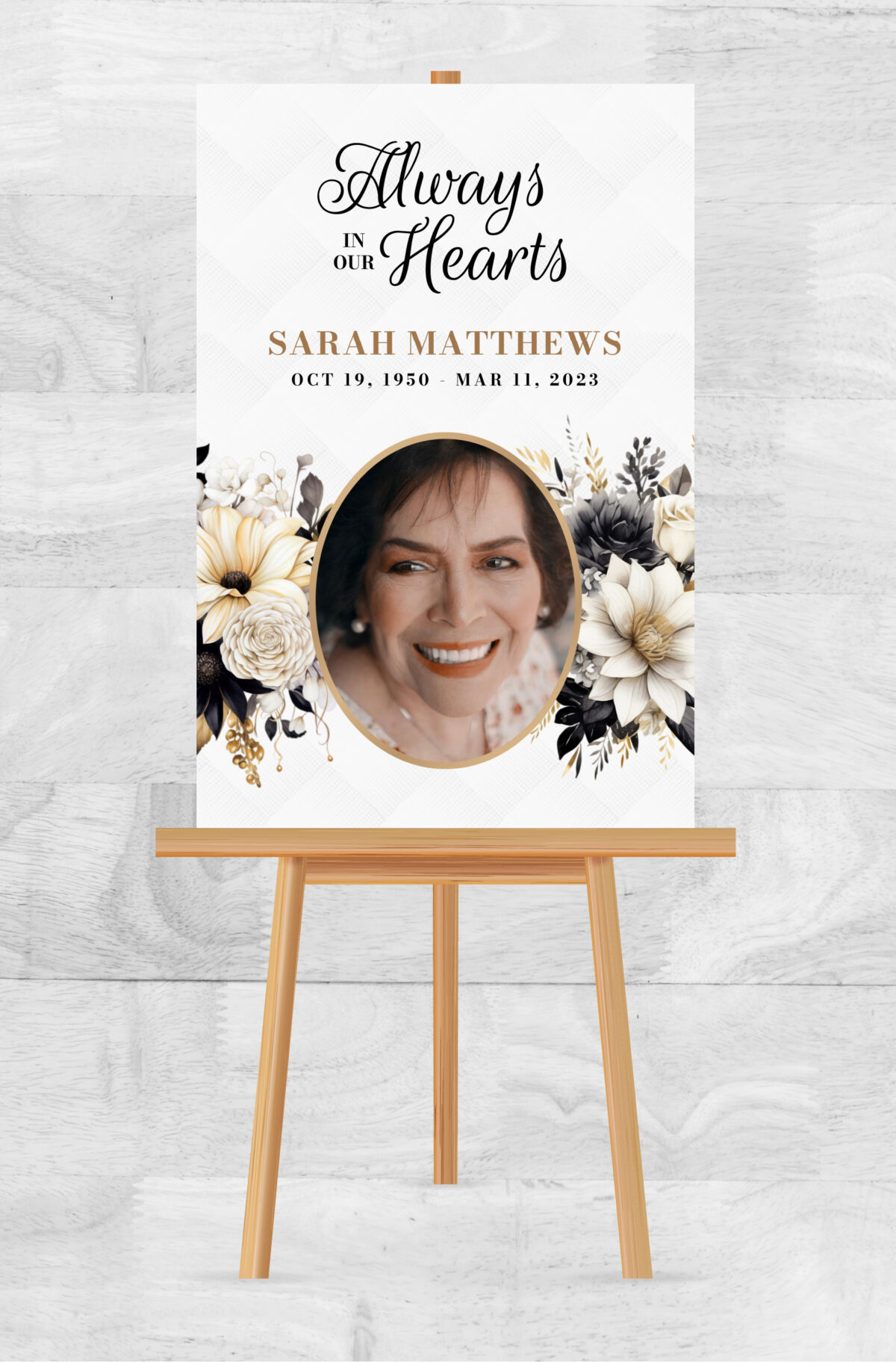Black and Gold Floral Funeral Memorial Poster