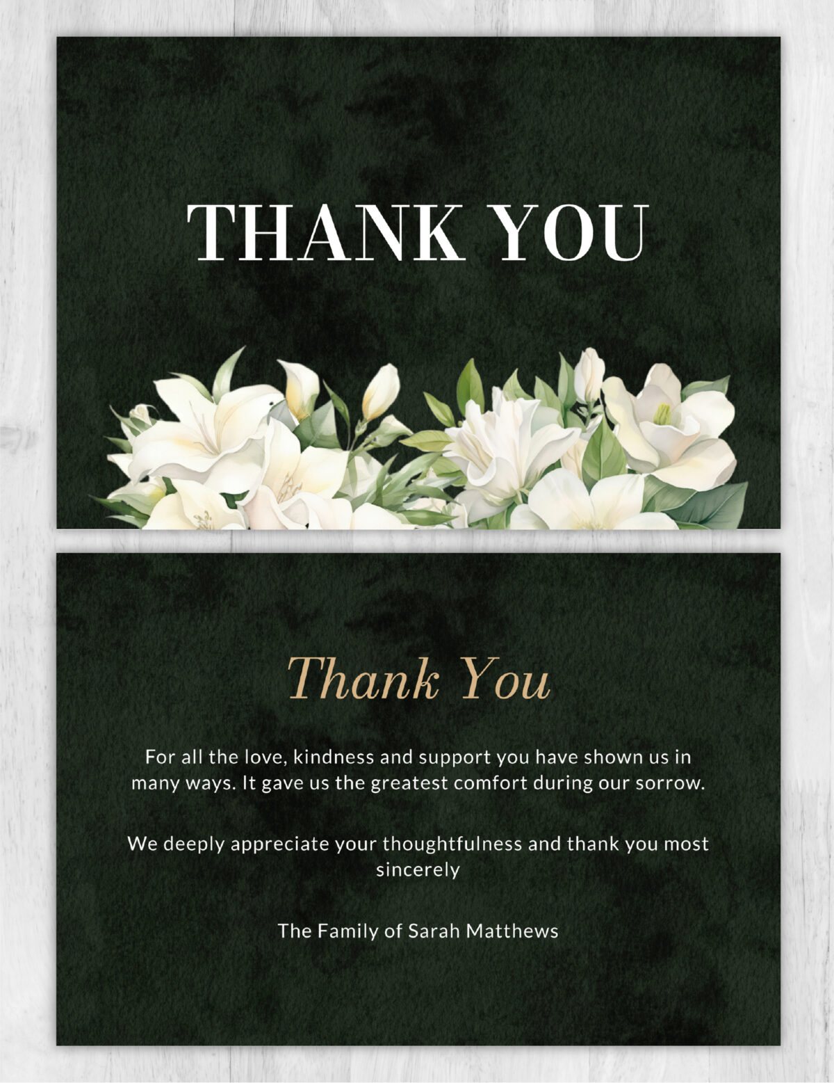 Black and White Floral Funeral Memorial Thank You Card