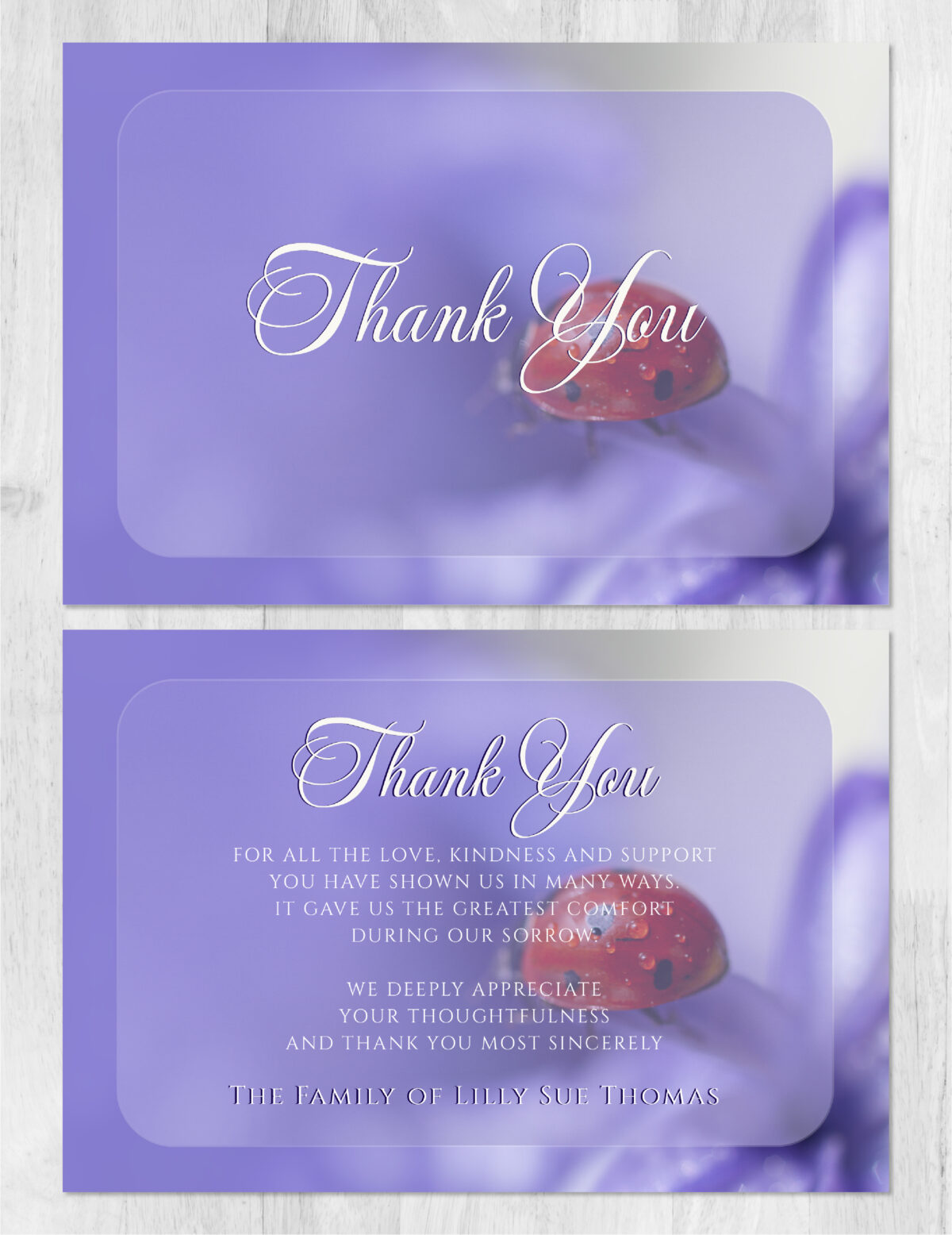 Purple Lady Bug Memorial Thank You Card