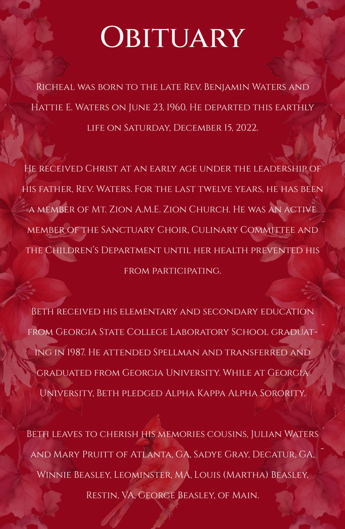 Cardinal and Floral Memorial Program