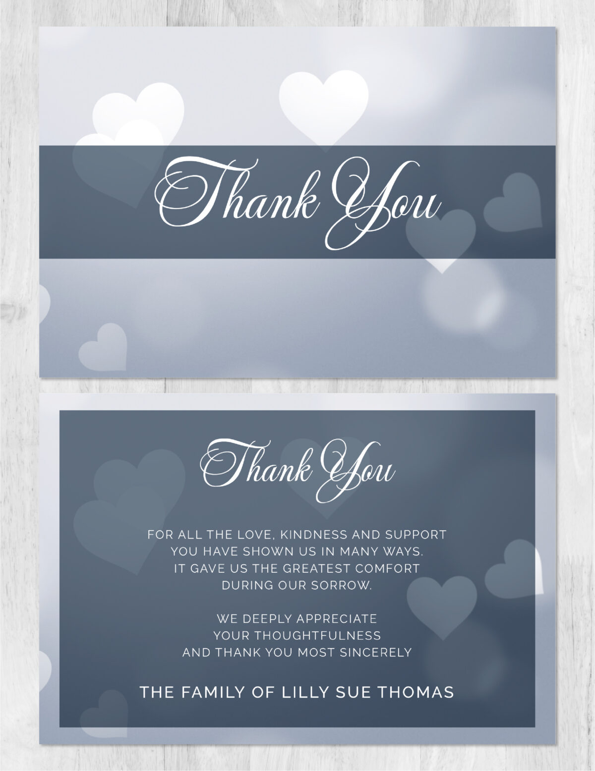 Gray with Hearts Memorial Thank You Card
