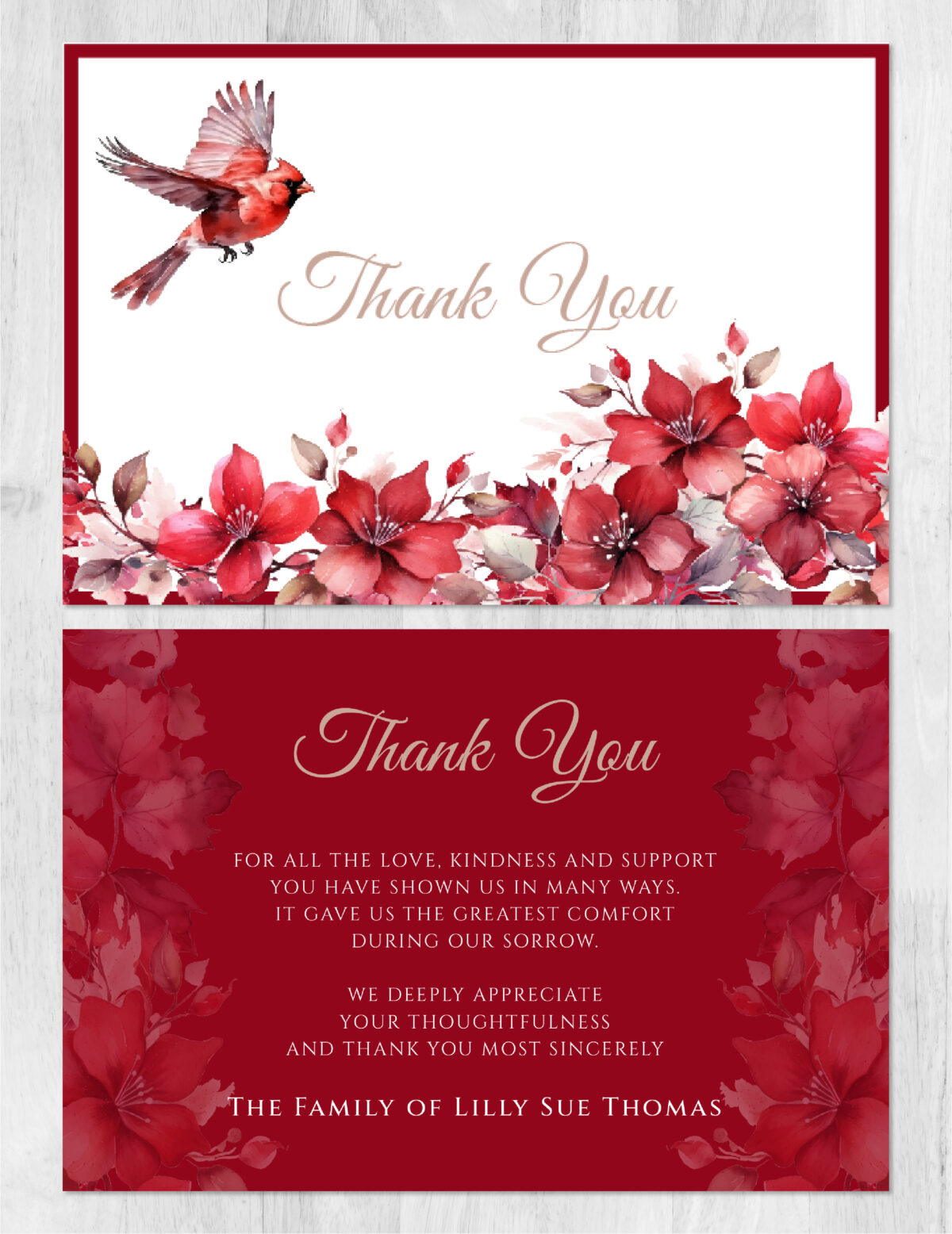 Cardinal and Floral Memorial Thank You Card