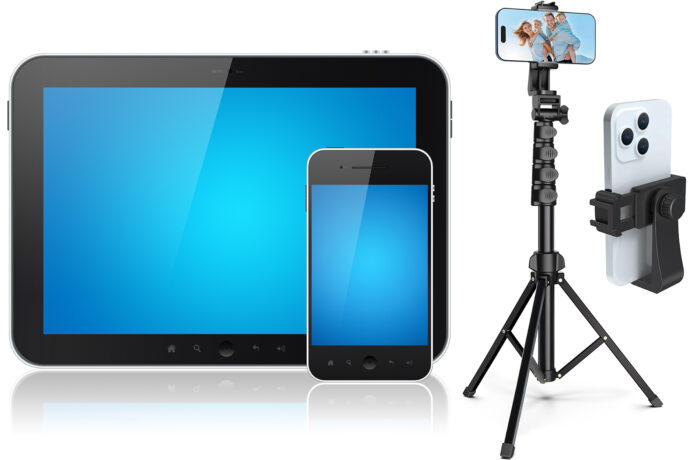 Modern digital tablet PC with mobile smartphone isolated on white. Include clipping path for tablet and phone.