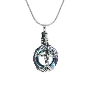 Iridescent Glass Circle with Tree of Life - Memorial Necklace